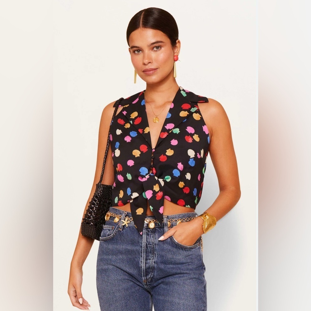 RIXO Anzia Cotton-Blend Top Scatter Shell Black Multi Tie Front Size 4 NEW